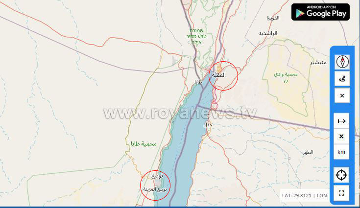 صورة خريطة توضح المسافة بين مينائي العقبة ونويبع