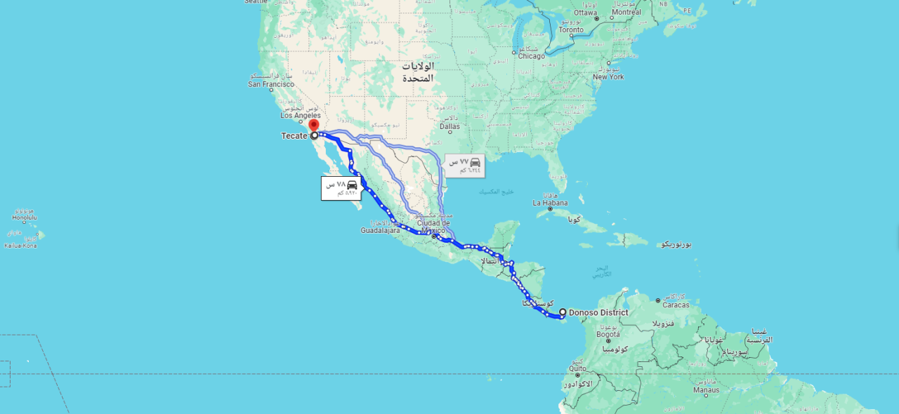 المسافة برا من بنما إلى الحدود الأمريكية