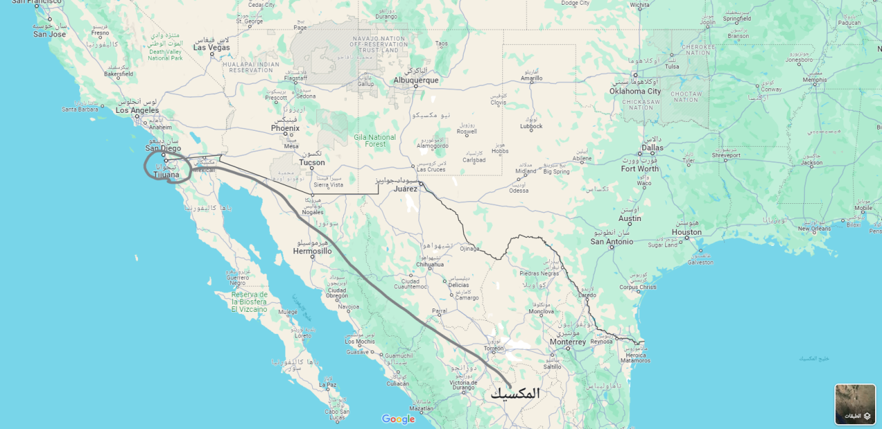 خريطة تظهر المسافة إلى مدينة تيخوانا الحدودية